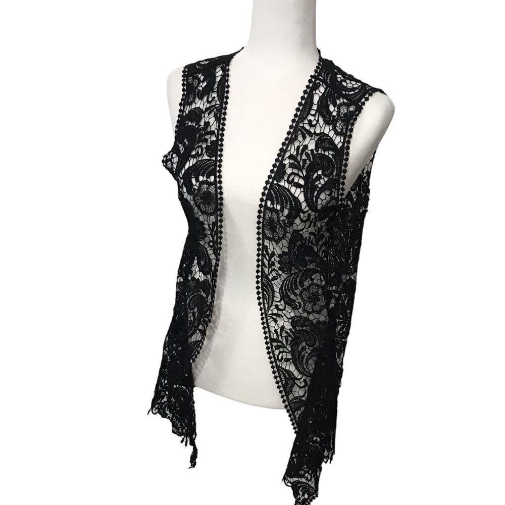 Black Crocheted Long Vest Floral Leaf Design Size Small Med‎ NWT